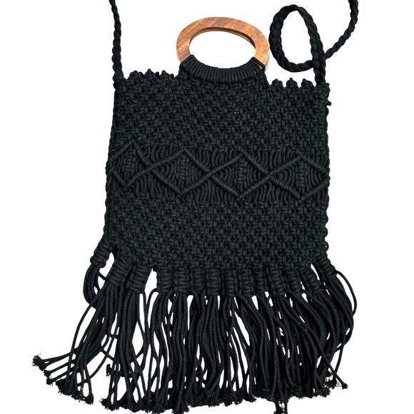 Danielle Nicole black macrame crossbody bag fringed purse mod wood handles - Picture 9 of 9